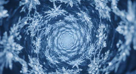 Abstract swirl pattern made with ice crystals. Blue fractal background with frozen frost. Digital artwork with copy space in center.の素材