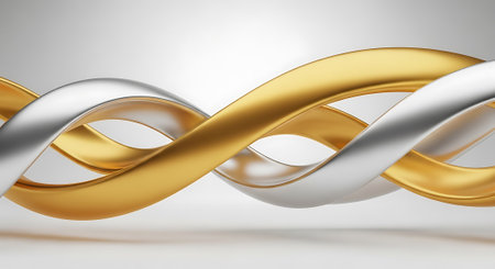 Silver and gold twisted shapes against a gradient backdrop. Luxury design element, abstract metal art, chrome style. Decoration element with metallic form.の素材