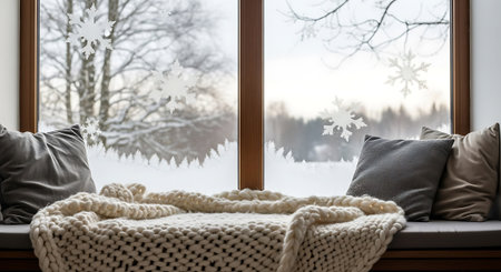 Comfortable window seat with pillows. White knitted blanket and winter decoration snowflake for home interior. Tranquil scene. Holiday mood.の素材