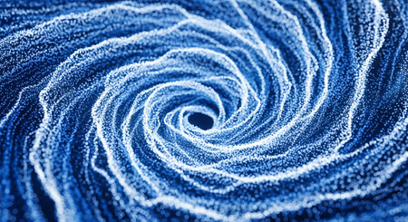 Whirlpool abstract design. Swirling blue particles create dynamic motion. Vortex illustration concept. Flow and rotation visualization.の素材