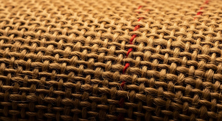 Brown burlap sack texture detail close up fiber pattern. Woven linen material. Rough, rustic sacking thread detail. Hessian canvas materialの素材