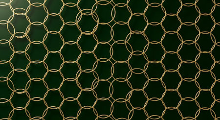Abstract interconnected circles. Rings forming chainmail pattern. Geometric shapes in gold against dark green color background. Seamless metallic texture.の素材