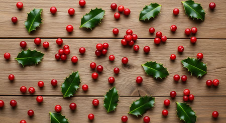 Holly berries pattern with green leaves on wooden table. Red berries and leaves still life flat lay. Winter berries on wood.の素材