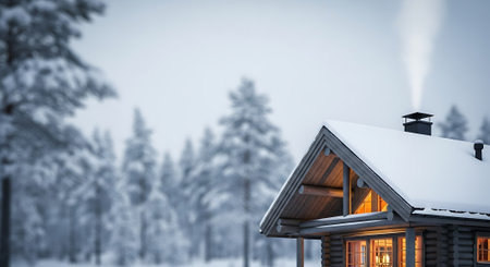 Winter cabin in snowy forest. Cozy snow covered log home with chimney. Country house in winter wonderland. Scenery of a frosty woodland.の素材