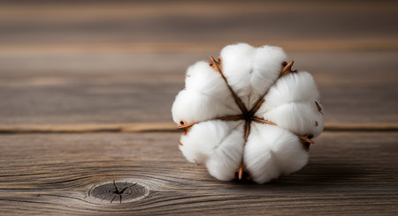 Cotton boll closeup with wooden surface. Top view of cotton flower on wooden board. Fiber crop on rustic backdrop.の素材