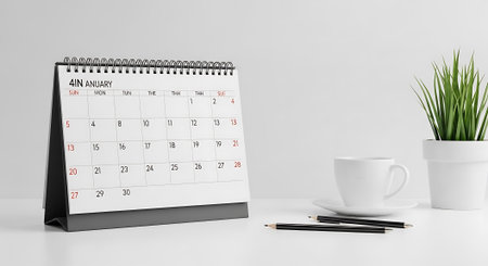 January calendar concept showing time management with office supplies. Includes cup and plant on white desk.  A planning appointment agenda mockup.の素材