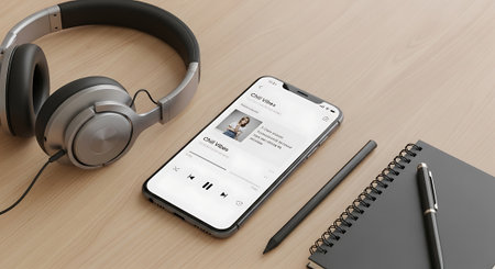 Smartphone and headphones for listening audio with pen and notebook. Mobile phone with chill vibes application on the table. Relaxing entertainment concept.の素材
