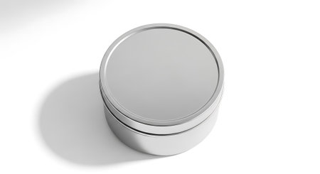 Silver metal round tin container close up. Simple template mockup for packaging design. Minimal style, isolated product shot on white.の素材