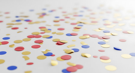 Colorful confetti scattered over surface abstract celebration and festive feel.  Background with gold, blue, and red circles design.の素材