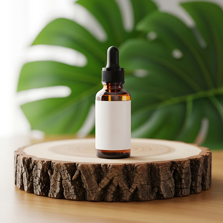 Amber essential oil mockup bottle. Natural product on wood background.の素材