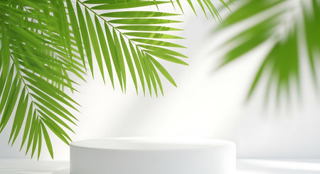 Tropical leaves with podium on the white studio background.の素材