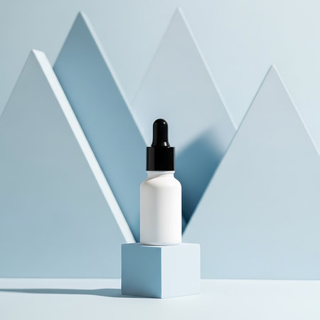 Cosmetic serum bottle on geometric background with mountainsの素材