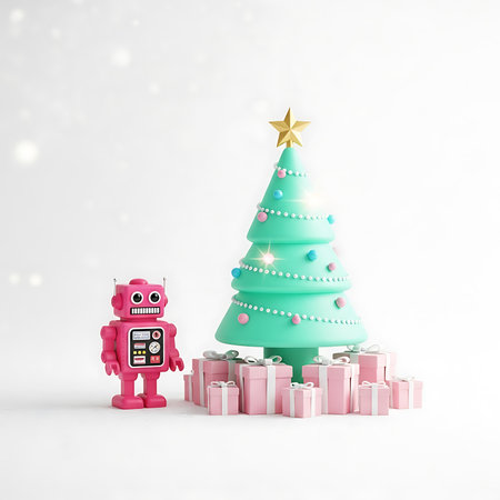 Retro toy robot christmas tree, presents on white backgroundの素材