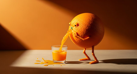 Cartoon orange pouring orange juice into glass on backgroundの素材