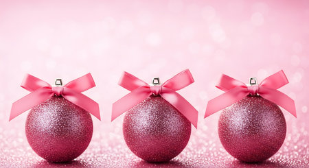 Pink ornaments with bows. Shiny pink Christmas background.の素材