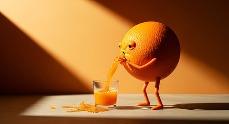 Orange pours fresh juice in glass on a orange background still lifeの素材