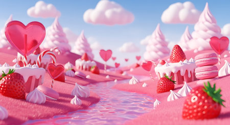 Candy land river strawberry creative fun dessert backgroundの素材
