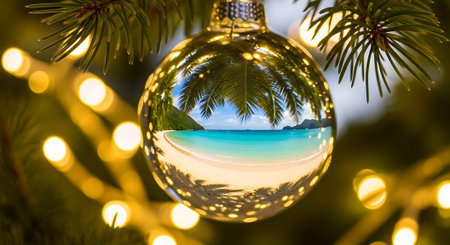 Tropical beach reflects off ornament holiday tree backgroundの素材