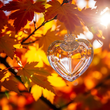 Heart ornament, autumn leaves background.  Ornament hangs from branchの素材