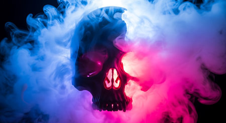 Skull with smoke on dark eerie background. Skull scary backgroundの素材