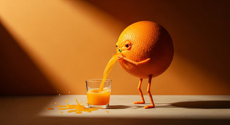Fruit character with glass. Orange vomiting on backgroundの素材