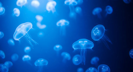 Jellyfish ocean swimming in deep blue underwater backgroundの素材