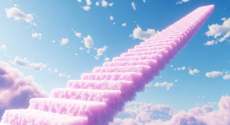 Stairway to sky with a pink cloud and dreamy background.の素材