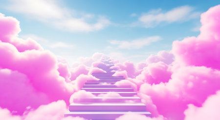 Stairway leads up to cloudy sky. Steps up to sky backgroundの素材