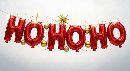 Red balloons spelling hohoho on string white backgroundの素材