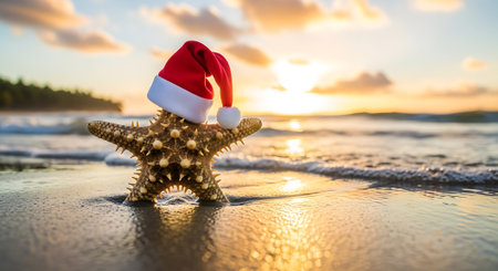 Starfish wears a red santa hat by ocean backgroundの素材
