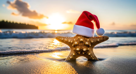 Starfish on the beach wearing santa hat with sunset backgroundの素材