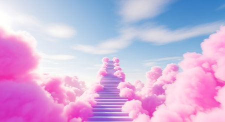 Stairway to dream. Stairway with pink clouds as background.の素材