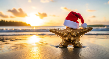 Starfish wearing santa hat holiday celebration at beachの素材