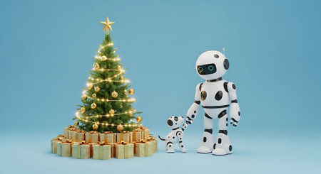 Robot with a dog alongside christmas tree and gift backgroundの素材