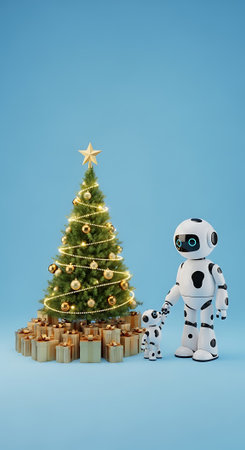 Robot and robot dog christmas tree decoration background.の素材