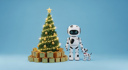 Robot and robot dog christmas tree gifts festive scene backgroundの素材