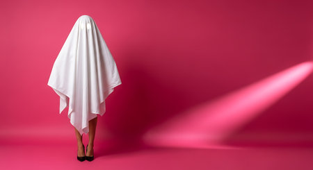 White ghost costume sheet spooky on pink studio background.の素材
