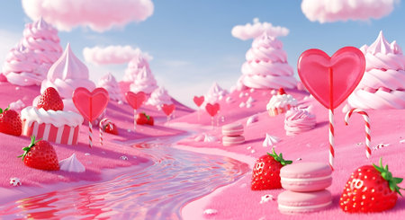Sweet land background with candy trees and strawberries.の素材