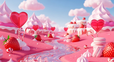 Sweet land background candy and strawberry wonderland scene.の素材