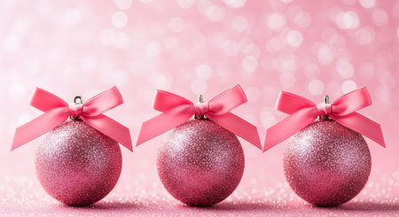 Three pink glitter christmas balls with blurred pink backgroundの素材