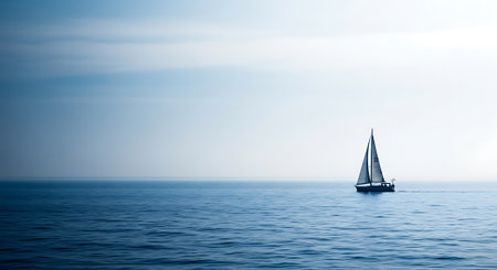 Sailboat sailing in ocean. Serene sea with sky background.の素材