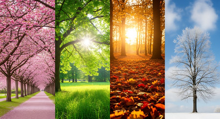 Four seasons trees foliage nature seasonal change natural backgroundの素材