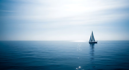 Sailing in water and sea. Lonely sailboat in the ocean.の素材