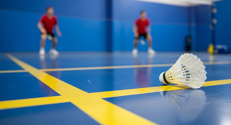 Shuttlecock on badminton court with blue sports background.の素材