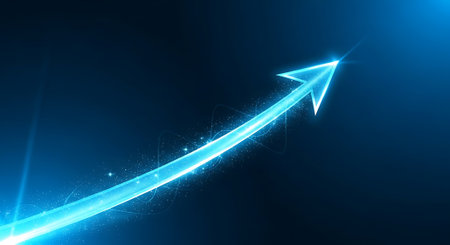 Abstract glowing arrow pointing upward on background. Represents growth, success, and positive direction. Illustrates achievement and rising trends.の素材