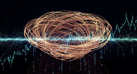 Abstract data sphere over chart graph with reflection on dark background. Shows financial analysis and data analytics with circle sphere.の素材