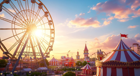 Charming background of amusement park at sunset featuring ferris wheel and striped tent.  Warm light and fun fairground attraction perfect for the design illustration.の素材