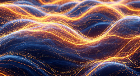 Abstract image of data flow lines against dark blue background. Energetic streams of data. Network connections with flowing data.の素材