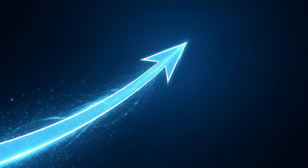 Arrow pointing upward to show success. Rising arrow shows economic improvement on blue gradient background. Finance success illustration.の素材