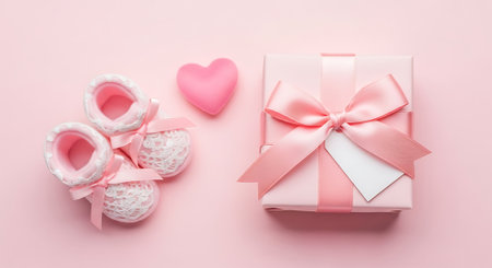 Baby shower present with little shoes on pink background. Newborn gift, pink heart, cute baby shoes for girl announcement and celebration, copy space.の素材